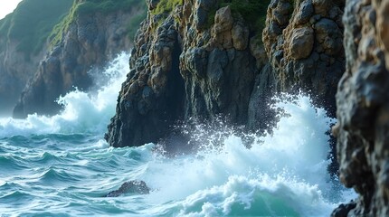 Feel the rush of the ocean as powerful waves crash against rugged cliffs, a scene of raw natural energy and coastal beauty, perfect for travel inspiration and adventurous spirits