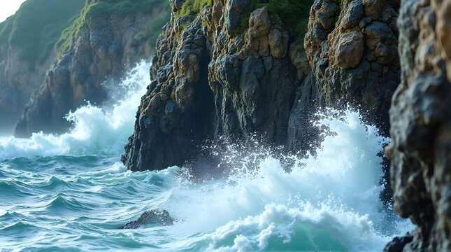 Feel the rush of the ocean as powerful waves crash against rugged cliffs, a scene of raw natural energy and coastal beauty, perfect for travel inspiration and adventurous spirits