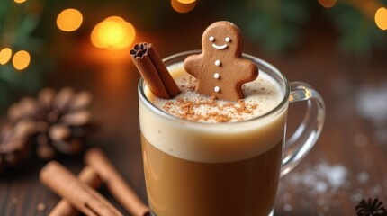 Close-up of drink with gingerbread man and cinnamon, creating warm cozy mood, representing holiday season, relaxation and winter comfort