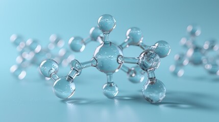 Pentagonal Molecule Light Blue Background gel spheres representing skincare ingredients like coenzyme Q10 and hyaluronic acid, with a clean, abstract background for dermatology and beauty applications