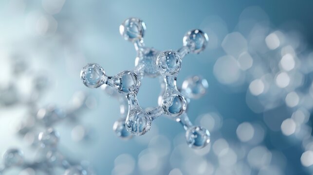 Pentagonal Molecule Light Blue Background gel spheres representing skincare ingredients like coenzyme Q10 and hyaluronic acid, with a clean, abstract background for dermatology and beauty applications