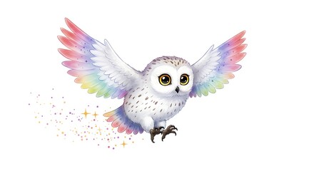 Cute Snowy Owl Flying with Rainbow Wings and Glitter Trail.