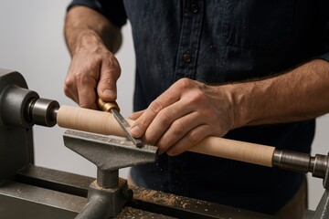 Woodworker Shaping Rod On Lathe. A craftsman uses a sharp hand tool to refine a wooden rod on a turning lathe, demonstrating precision, steady control, and skilled traditional woodworking technique.