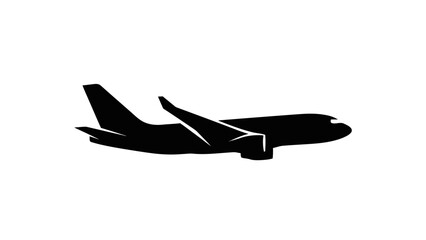 A black silhouette of a jet airplane in flight against a white background