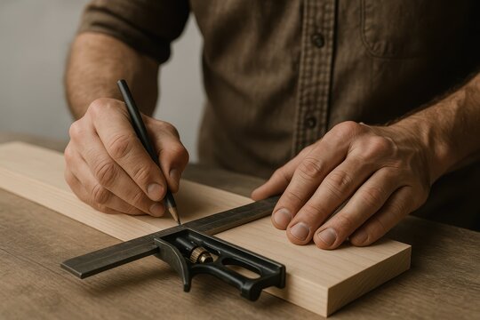 Carpenter Measuring Wood With Square. A craftsman carefully measures a smooth wooden board using a precision square, capturing accuracy, focus, and skilled preparation in a clean workshop setting.