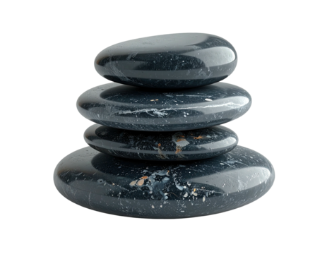 Four black, smooth, flat stones stacked upon each other, isolated on a black background