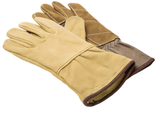 Pair of protective work gloves resting in a neutral setting ready for industrial projects