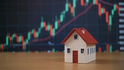 Miniature model house sits in front of a stock market chart with green and red trend lines suggesting volatile property market values - Powered by Adobe