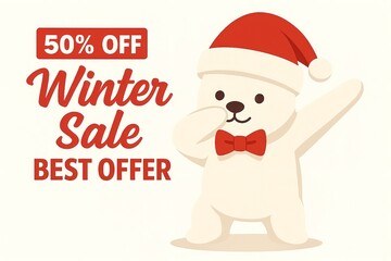 Holiday Sale Poster With Cute Bear and Red Santa Hat