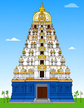 Elaborate Hindu temple structure against a bright blue sky.