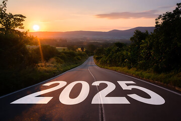 Road to 2025 a scenic journey towards the future with a vibrant sunset