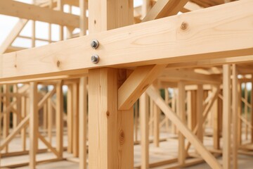 Exposed timber beams, braces, and posts form the skeletal frame of a new building, capturing early construction stages, structural alignment, and craftsmanship.