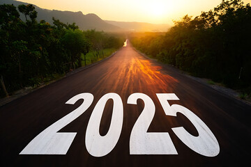 Road to 2025 a scenic journey towards the future with a vibrant sunset