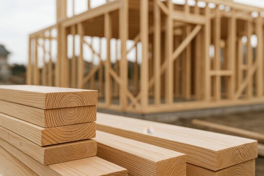Neatly stacked timber boards lie in the foreground while a partially built wooden frame rises behind them, capturing a clear moment in early residential construction. - Powered by Adobe