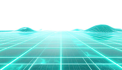 Glowing teal wireframe landscape, perspective grid, stylized hills outlined against black sky