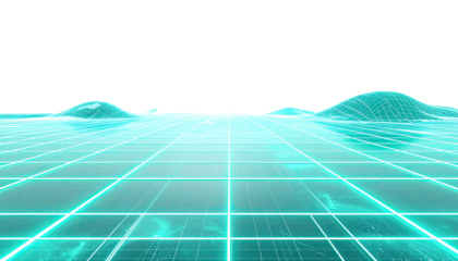 Glowing teal wireframe landscape, perspective grid, stylized hills outlined against black sky