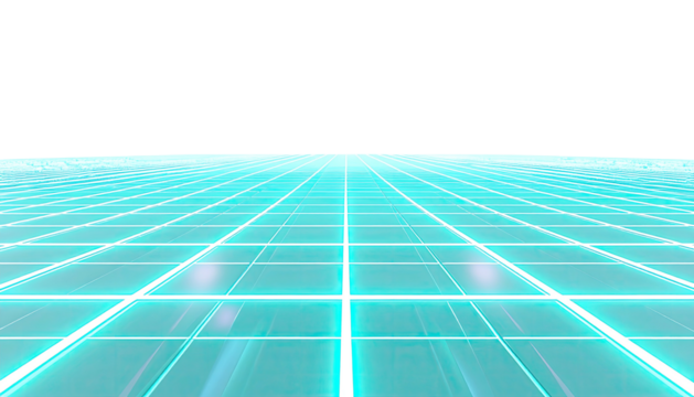 Glowing teal grid vanishing into a black void, creating an abstract, futuristic perspective