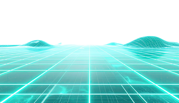 Glowing teal wireframe landscape, perspective grid, stylized hills outlined against black sky