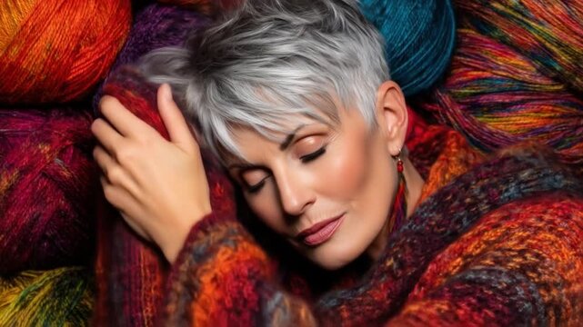 A woman with silver hair rests, surrounded by colorful yarn, evoking warmth and comfort