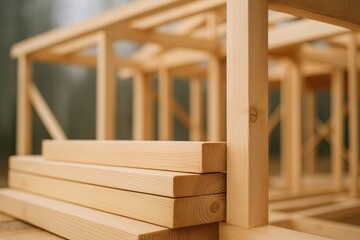 Neatly stacked timber boards lie in the foreground while a partially built wooden frame rises behind them, capturing a clear moment in early residential construction.