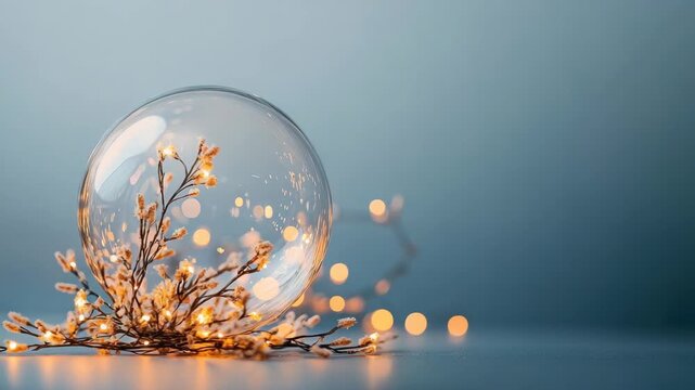 An elegant arrangement highlights illuminated branches encased in a glass dome surrounded by soft lights, creating a serene ambiance