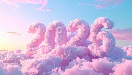 3D pastel cloudscape with floating cotton-like numbers “2025 → 2026,” soft airy lighting, pink-blue gradient sky, dreamy gentle tone