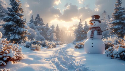 Snowman standing in a snowy landscape, pine trees in the background, festive atmosphere, postcard design