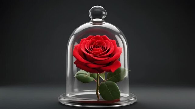 Enchanted red rose protected by glass dome on dark background, symbolizing love, fragility, and eternal beauty, still life aesthetic.