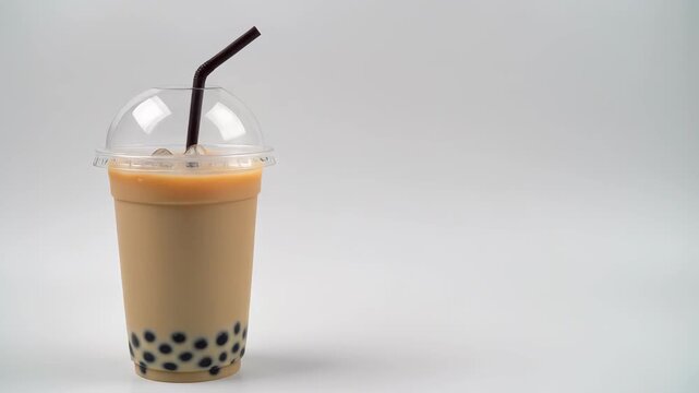 Refreshing brown sugar boba tea beverage with tapioca pearls served in a clear plastic cup, with straw, isolated on white surface.