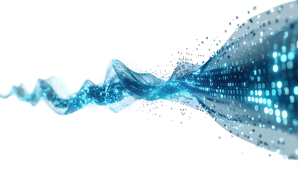 Abstract digital representation of data flow, swirling blue ribbons and particles on black background