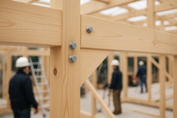 Exposed timber beams, braces, and posts form the skeletal frame of a new building, capturing early construction stages, structural alignment, and craftsmanship.