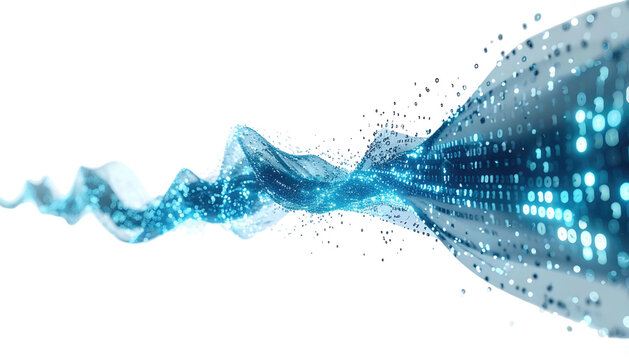 Abstract digital representation of data flow, swirling blue ribbons and particles on black background - Powered by Adobe