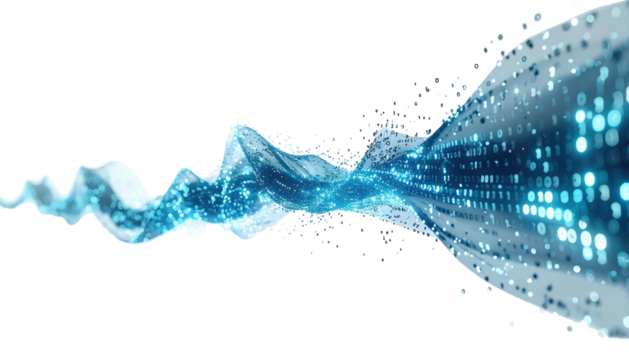 Abstract digital representation of data flow, swirling blue ribbons and particles on black background