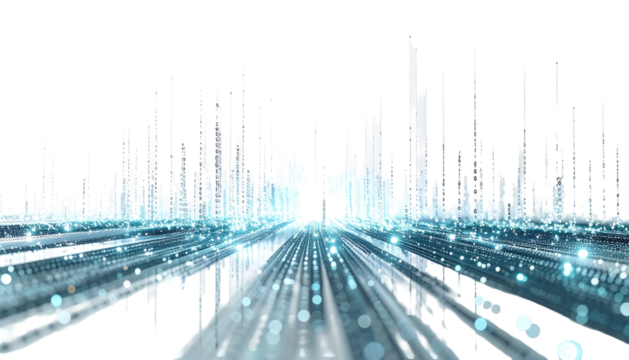 Futuristic city silhouette with light trails against a black background