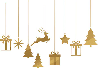 Hanging Gold Christmas Ornament and Reindeer Decorations Vector Illustration