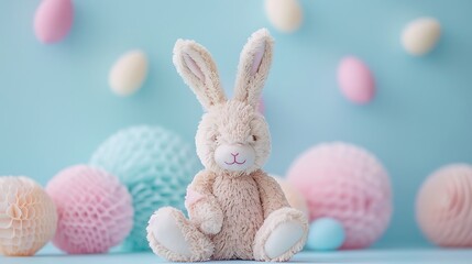 Stuffed bunny with pastel honeycomb balls and easter eggs on a blue background for easter decor