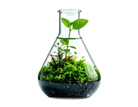A clear glass flask contains greenery soil, moss, and growing shoots. A stark black background