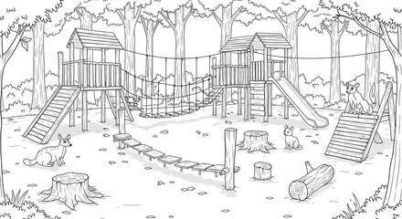 Obraz premium Detailed Line Art of an Outdoor Adventure Playground in a Forest Setting.