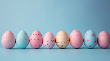 A row of easter eggs in pastel colors with polka dots on a light blue background for easter holiday