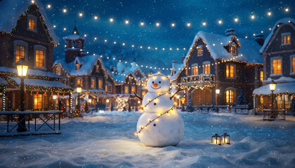 Snowman standing in a charming christmas village, glowing lanterns and festive lights, magical winter evening, greeting card style