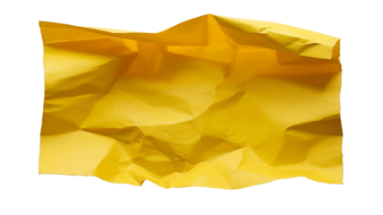 Crushed golden yellow paper with textured folds and wrinkles isolated on transparent background