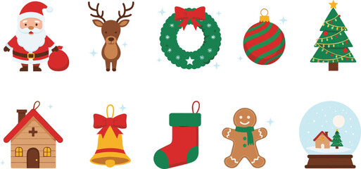 Set of Cute Christmas Holiday Flat Icons and Characters Vector Illustration