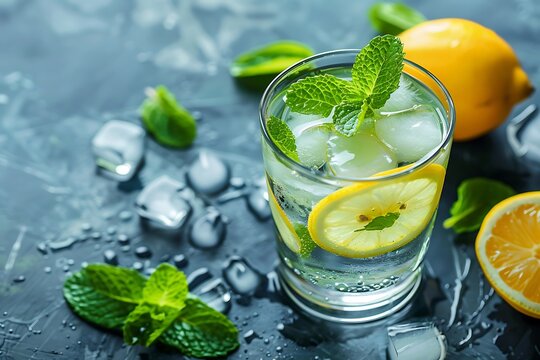 Refreshing lemon water with ice cubes and mint leaves on a dark surface with citrus fruits near it