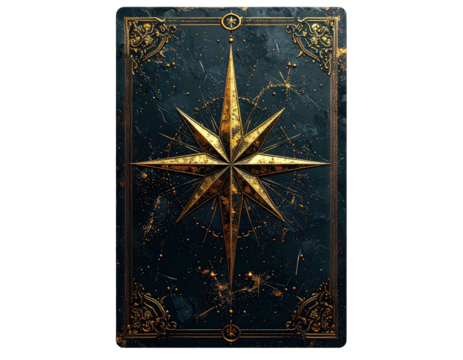 Ornate, dark-themed tarot card back featuring a golden starburst design and decorative filigree