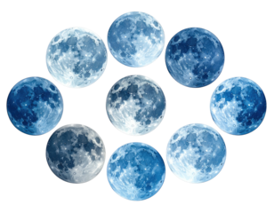 Composite of celestial spheres in varying shades of blue, arranged in a circular design