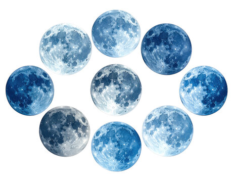 Composite of celestial spheres in varying shades of blue, arranged in a circular design
