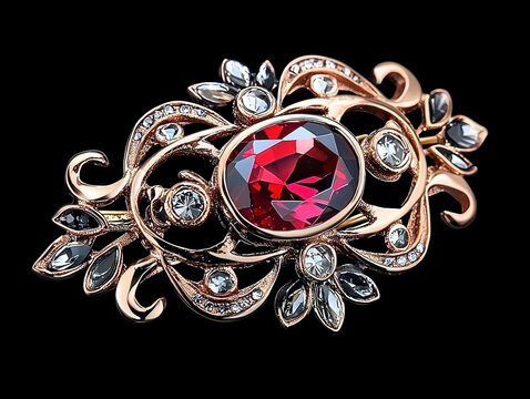 Precious ruby jewelry brooch expresses deep passion. Ornate gold and diamond design for luxurious timeless accessory