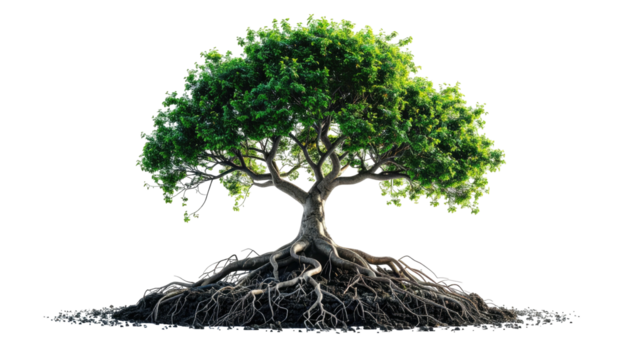 Large tree with lush green foliage and exposed roots on black background