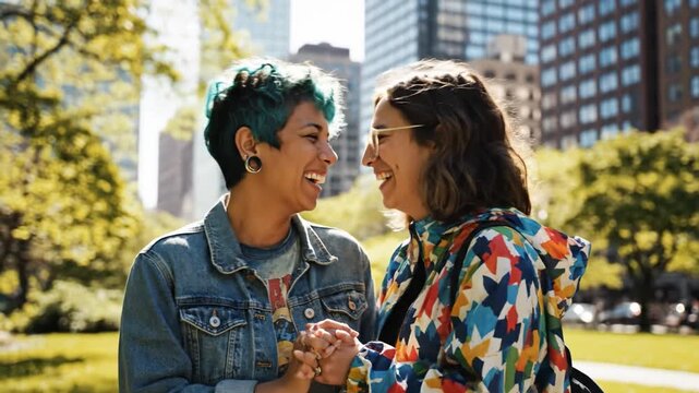 Two diverse women laugh while holding hands in a sunny city park. This joyful scene evokes feelings of love, friendship, and happiness. Perfect for LGBTQ, relationship, or lifestyle themes.