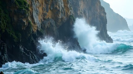 Dramatic ocean waves crashing against mossy cliffs showcases nature's raw power perfect for travel, adventure, or environmental themes creating stunning visual impact
